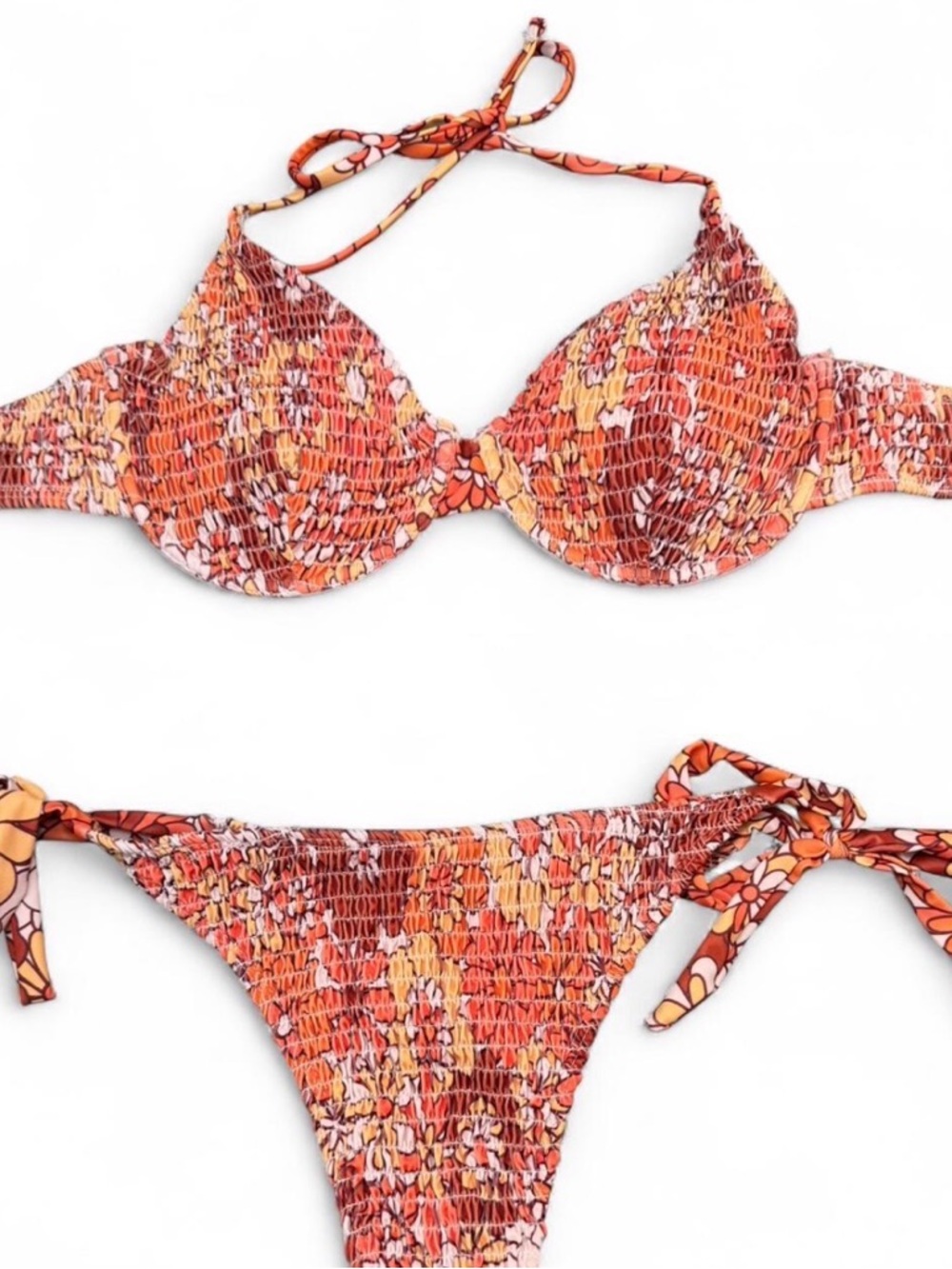 Smocked Floral Tie-Side Bikini Set in Orange Floral